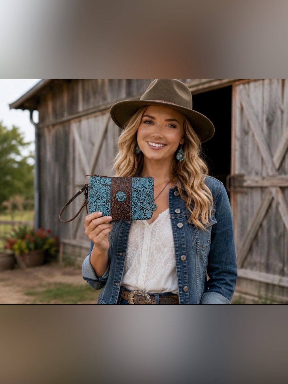MYRA Aqua Tooled Leather Wristlet - Picture 2 of 5